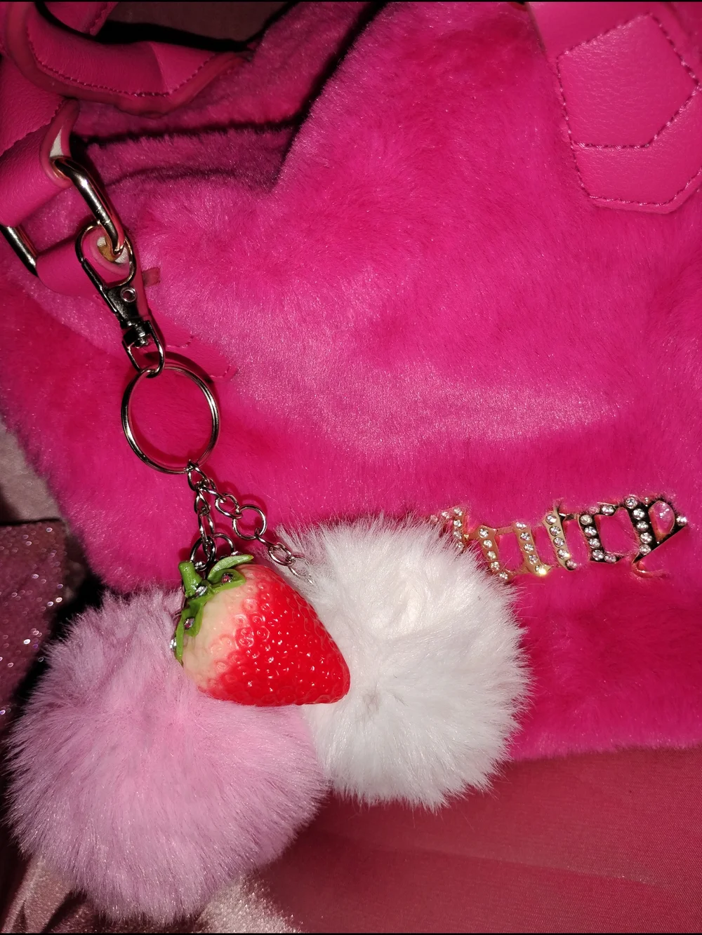 Pink Faux Fur Pom Pom Keychain with Strawberry Charm